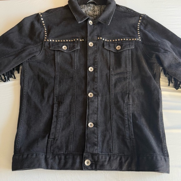 Zara Man Faux Suede Fringe Studded Black Denim Jacket Pockets Button Up Size L - Picture 5 of 16